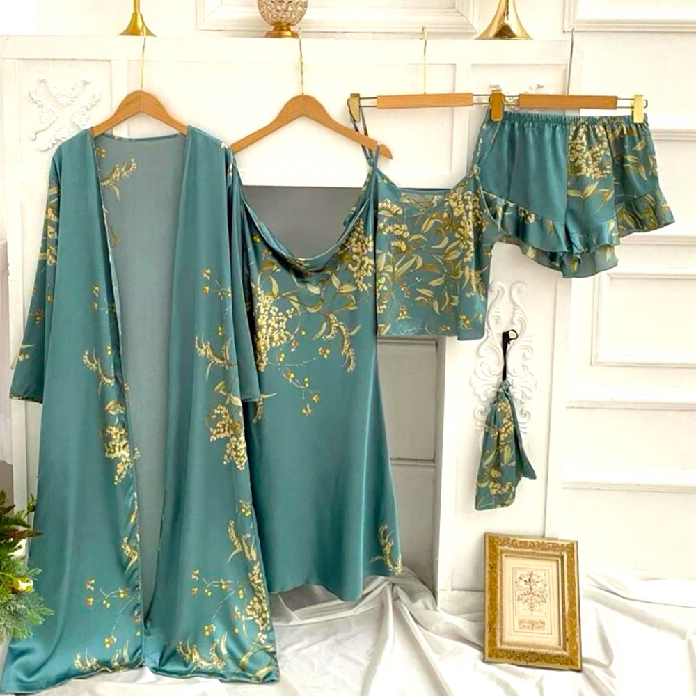 Women’s 5 Piece Floral Print Satin Ruffle Trim PJ Set